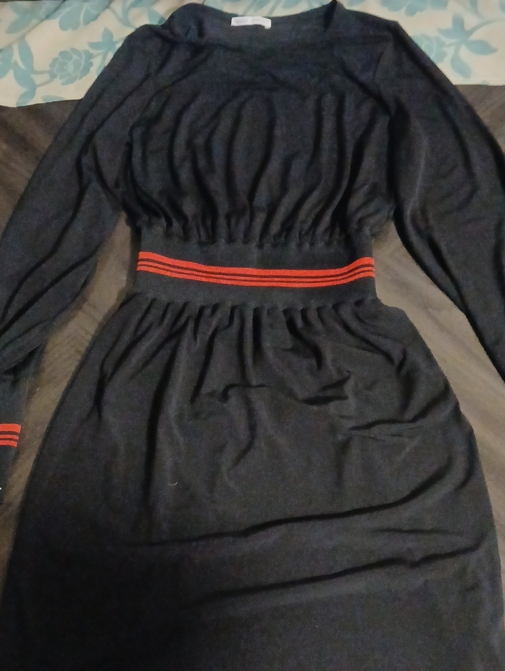 Zara Black Long-Sleeve Knit Dress with Red Waist Stripe